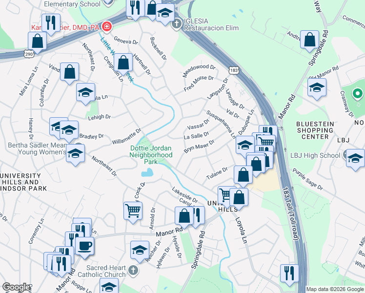 map of restaurants, bars, coffee shops, grocery stores, and more near 6802 Hanover Lane in Austin