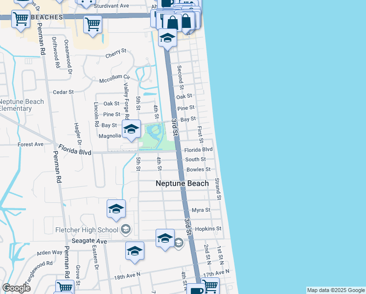 map of restaurants, bars, coffee shops, grocery stores, and more near 236 Florida Boulevard in Neptune Beach