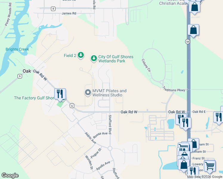 map of restaurants, bars, coffee shops, grocery stores, and more near Andhurst Dr in Gulf Shores