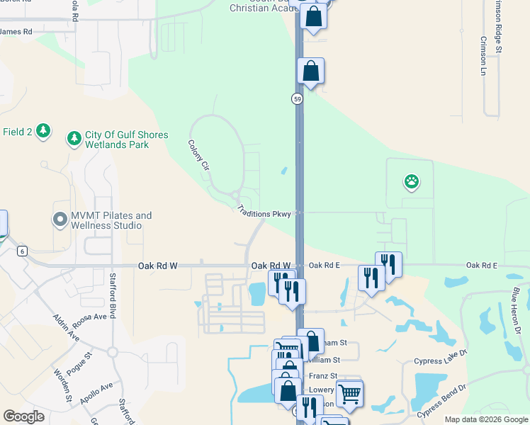 map of restaurants, bars, coffee shops, grocery stores, and more near Traditions Parkway in Gulf Shores
