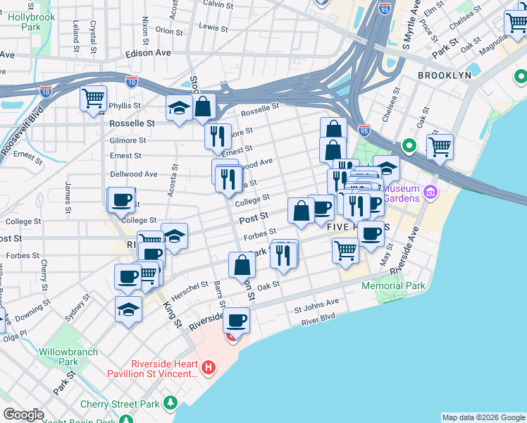map of restaurants, bars, coffee shops, grocery stores, and more near 2254 College Street in Jacksonville