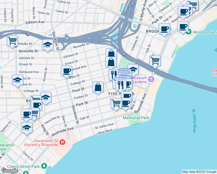 map of restaurants, bars, coffee shops, grocery stores, and more near 1025 Goodwin Street in Jacksonville