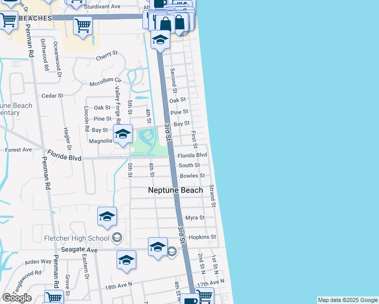 map of restaurants, bars, coffee shops, grocery stores, and more near 229 North Street in Neptune Beach