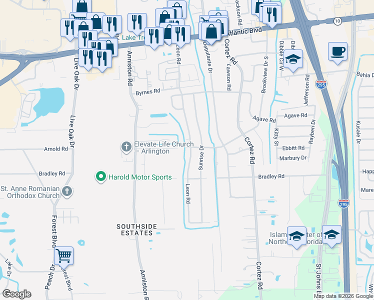 map of restaurants, bars, coffee shops, grocery stores, and more near 1967 Leon Road in Jacksonville