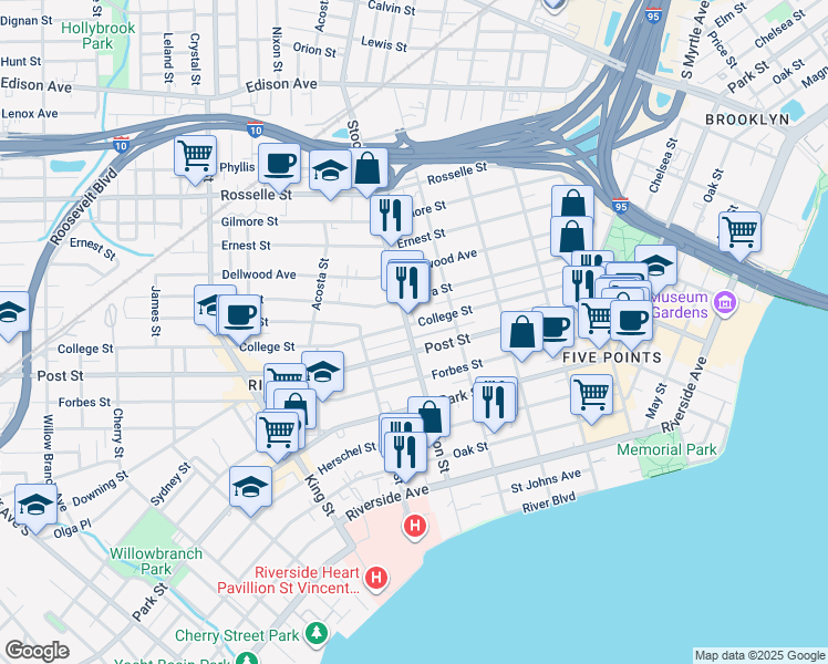 map of restaurants, bars, coffee shops, grocery stores, and more near 2342 College Street in Jacksonville