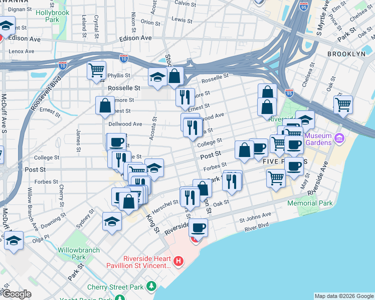 map of restaurants, bars, coffee shops, grocery stores, and more near 2523 College Street in Jacksonville