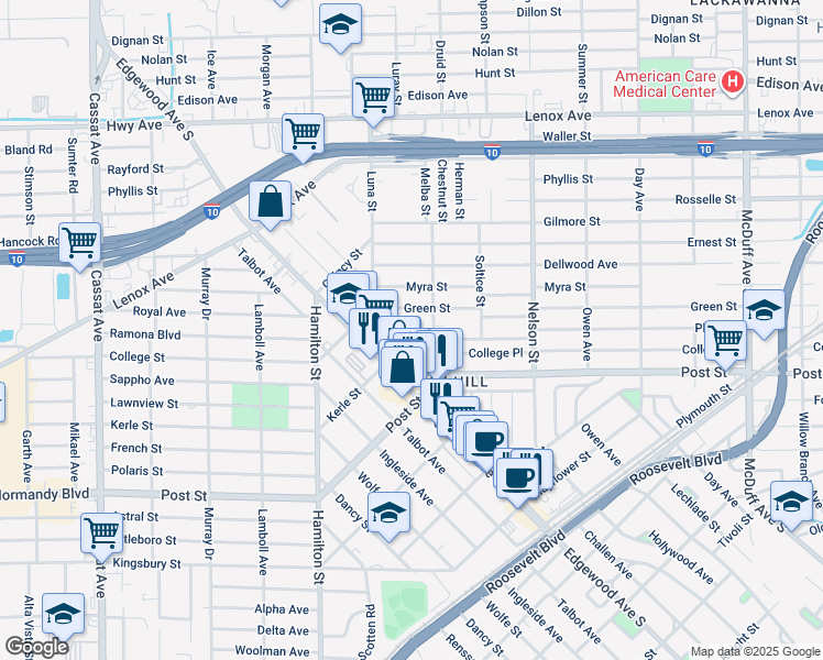 map of restaurants, bars, coffee shops, grocery stores, and more near 4030 Green Street in Jacksonville