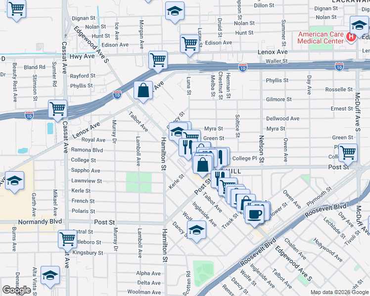 map of restaurants, bars, coffee shops, grocery stores, and more near 4078 Falmouth Street in Jacksonville