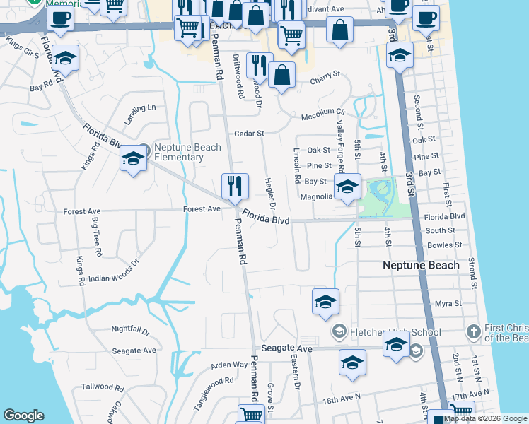 map of restaurants, bars, coffee shops, grocery stores, and more near 1010 Florida Boulevard in Neptune Beach