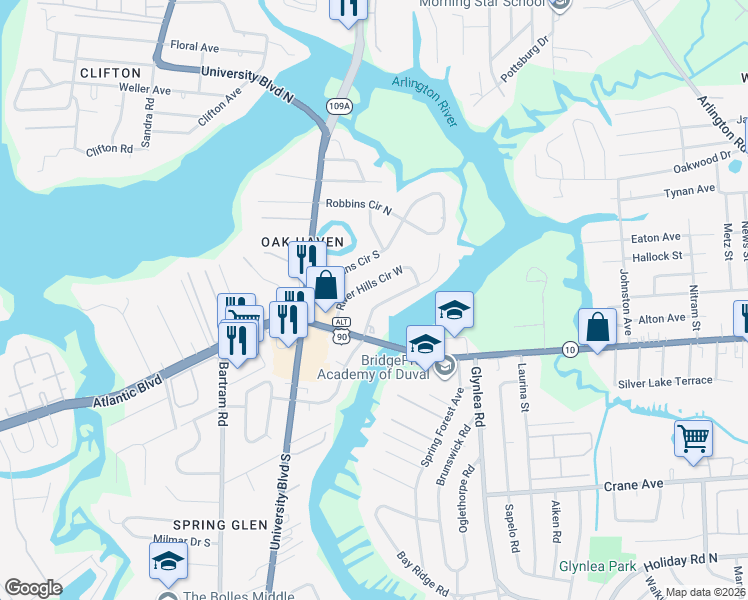 map of restaurants, bars, coffee shops, grocery stores, and more near 1543 River Hills Circle West in Jacksonville