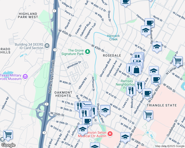 map of restaurants, bars, coffee shops, grocery stores, and more near 4107 Jefferson Street in Austin