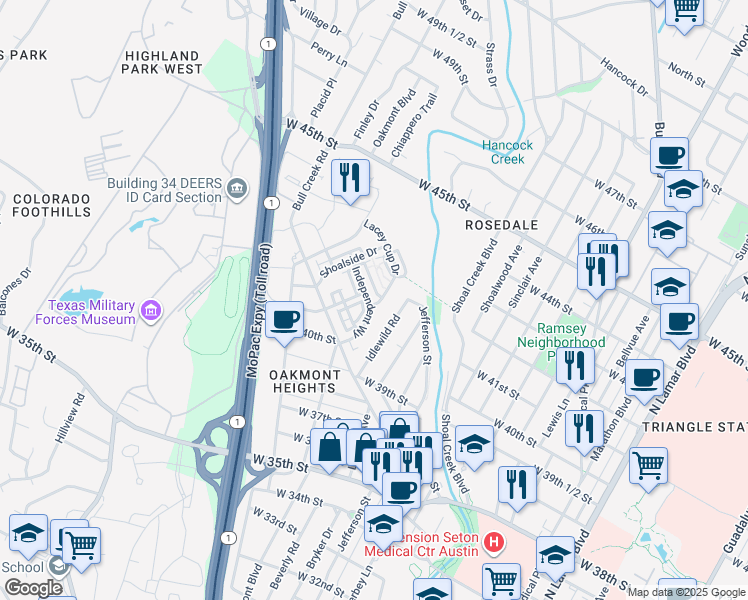map of restaurants, bars, coffee shops, grocery stores, and more near 4100 Wayfarer Way in Austin