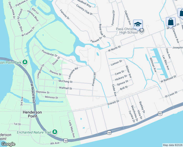 map of restaurants, bars, coffee shops, grocery stores, and more near 301 Prentiss Road in Pass Christian