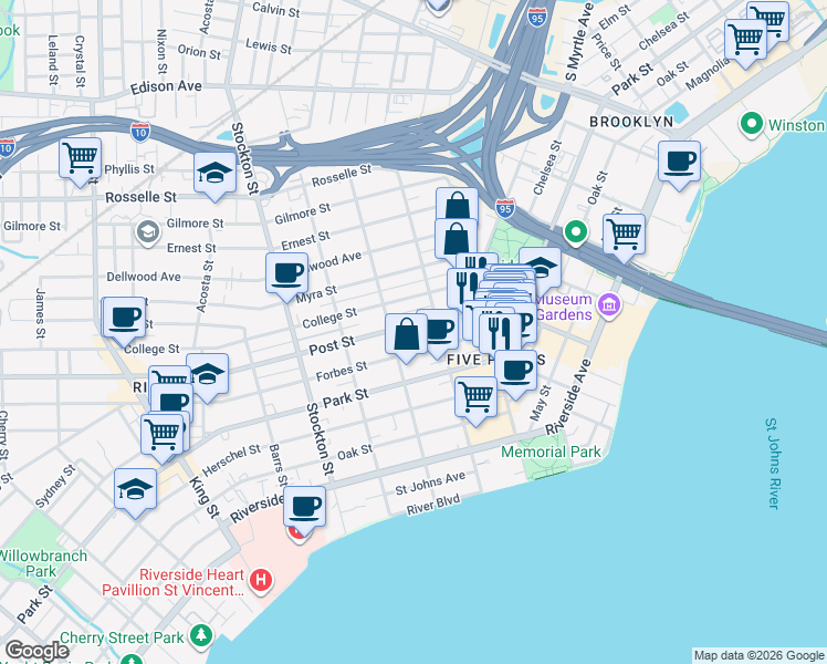 map of restaurants, bars, coffee shops, grocery stores, and more near 2136 Post Street in Jacksonville