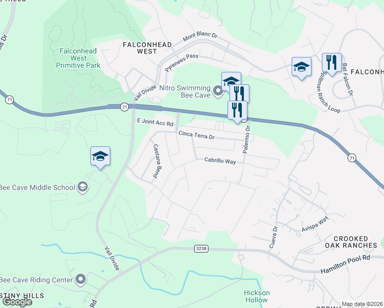 map of restaurants, bars, coffee shops, grocery stores, and more near 5304 Via Besso Drive in Briarcliff