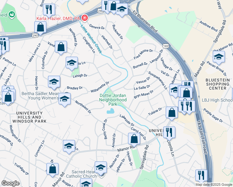 map of restaurants, bars, coffee shops, grocery stores, and more near 6700 Langston Drive in Austin
