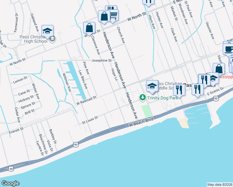 map of restaurants, bars, coffee shops, grocery stores, and more near 551 West Railroad Street in Pass Christian