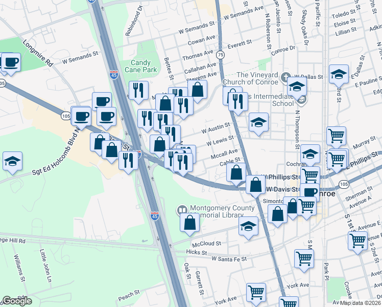 map of restaurants, bars, coffee shops, grocery stores, and more near 1023 West Lewis Street in Conroe