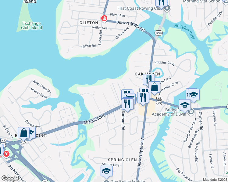 map of restaurants, bars, coffee shops, grocery stores, and more near 1218 River Bank Court in Jacksonville