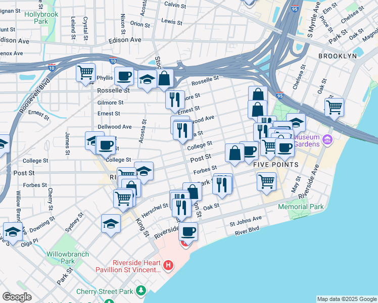 map of restaurants, bars, coffee shops, grocery stores, and more near 2342 College Street in Jacksonville