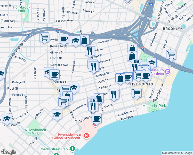 map of restaurants, bars, coffee shops, grocery stores, and more near 2342 College Street in Jacksonville