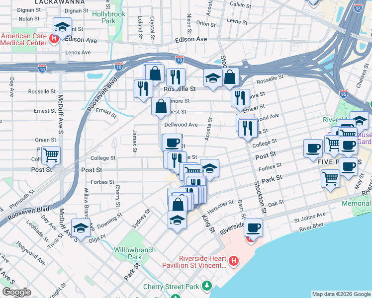 map of restaurants, bars, coffee shops, grocery stores, and more near 2644 Green Street in Jacksonville