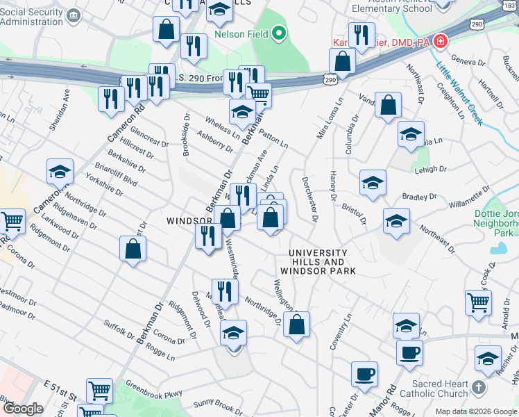 map of restaurants, bars, coffee shops, grocery stores, and more near 6205 Linda Lane in Austin
