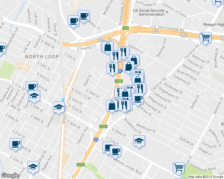 map of restaurants, bars, coffee shops, grocery stores, and more near 5510 North Interstate 35 Frontage Road in Austin