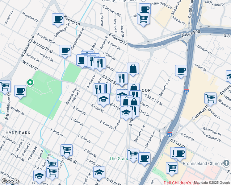 map of restaurants, bars, coffee shops, grocery stores, and more near 5204 Martin Avenue in Austin