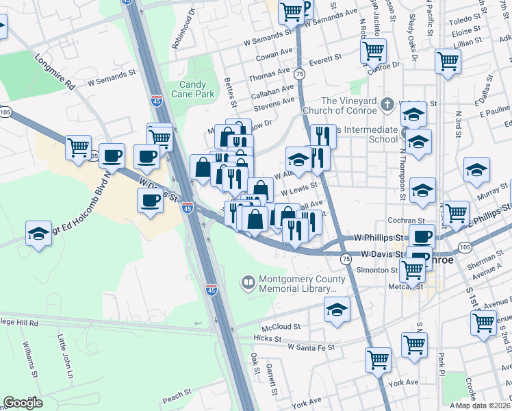 map of restaurants, bars, coffee shops, grocery stores, and more near 1023 West Lewis Street in Conroe