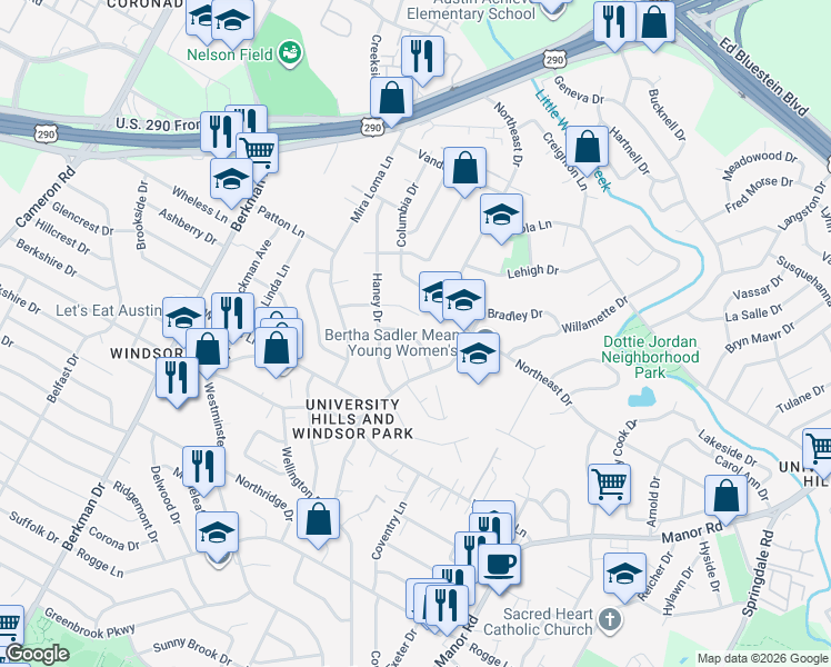map of restaurants, bars, coffee shops, grocery stores, and more near 2200 Bristol Drive in Austin