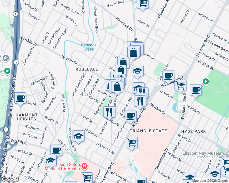 map of restaurants, bars, coffee shops, grocery stores, and more near 4410 Burnet Road in Austin