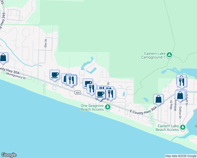 map of restaurants, bars, coffee shops, grocery stores, and more near 76 Gulf Cove Court in Santa Rosa Beach