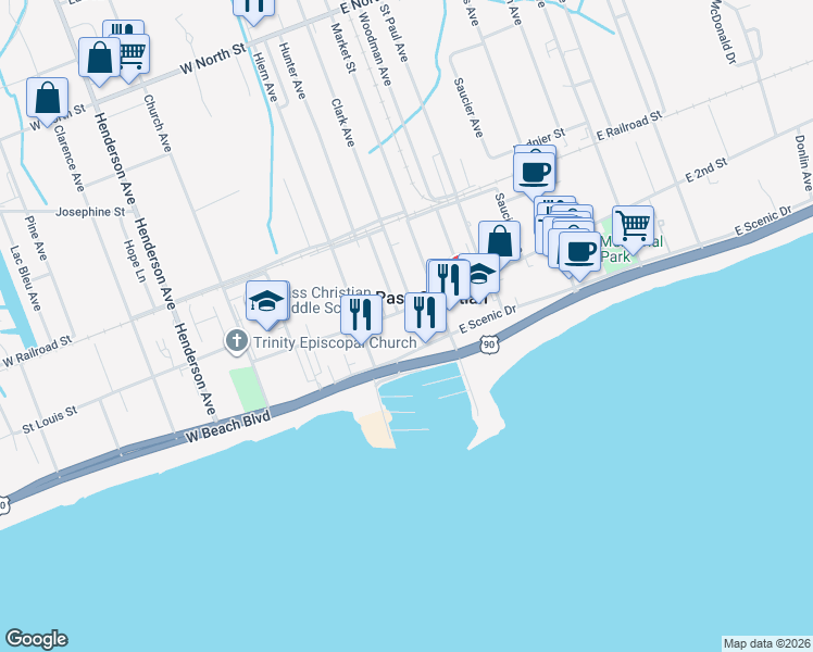 map of restaurants, bars, coffee shops, grocery stores, and more near 131 West Second Street in Pass Christian