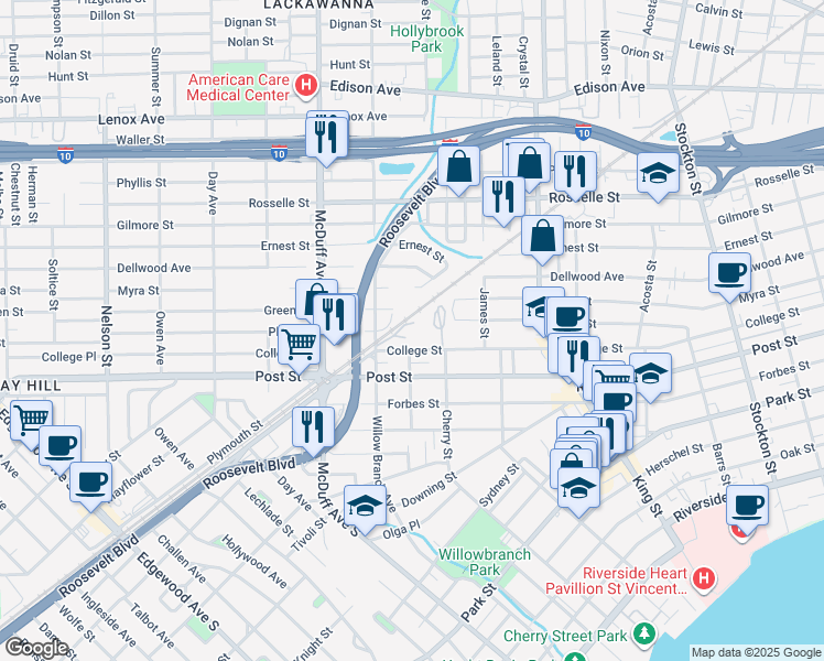 map of restaurants, bars, coffee shops, grocery stores, and more near 2903 College Street in Jacksonville