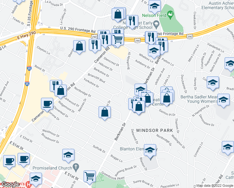 map of restaurants, bars, coffee shops, grocery stores, and more near Belfast Dr & Devon Cir in Austin