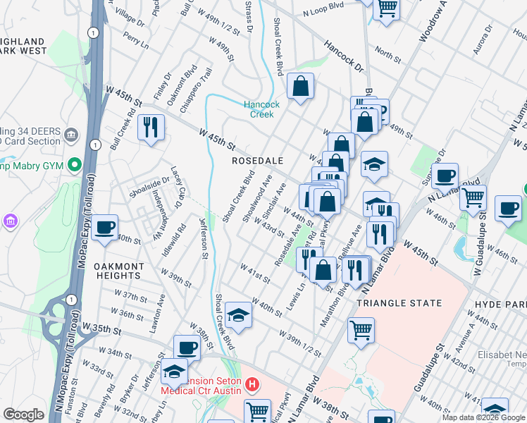 map of restaurants, bars, coffee shops, grocery stores, and more near 4307 Shoalwood Avenue in Austin