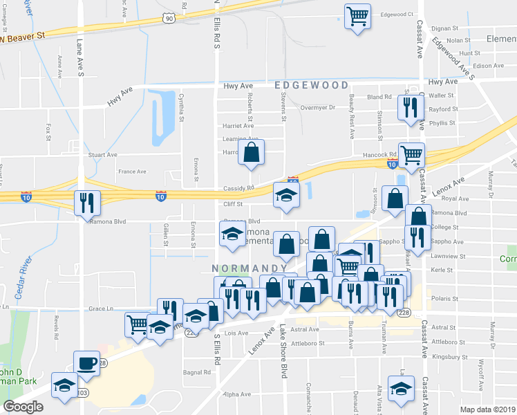map of restaurants, bars, coffee shops, grocery stores, and more near 5468 Cliff Street in Jacksonville