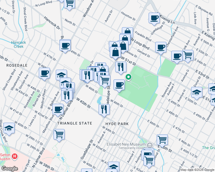 map of restaurants, bars, coffee shops, grocery stores, and more near 4603-4635 West Guadalupe Street in Austin