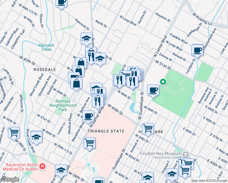 map of restaurants, bars, coffee shops, grocery stores, and more near 4527 North Lamar Boulevard in Austin