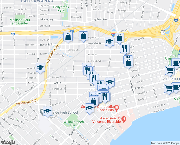 map of restaurants, bars, coffee shops, grocery stores, and more near 2696 Green Street in Jacksonville