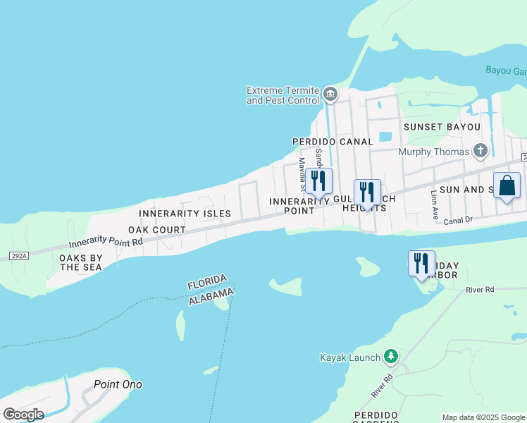 map of restaurants, bars, coffee shops, grocery stores, and more near 14400 Innerarity Point Road in Pensacola