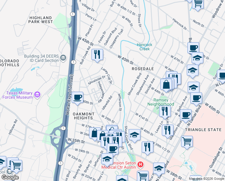 map of restaurants, bars, coffee shops, grocery stores, and more near 4112 Idlewild Road in Austin
