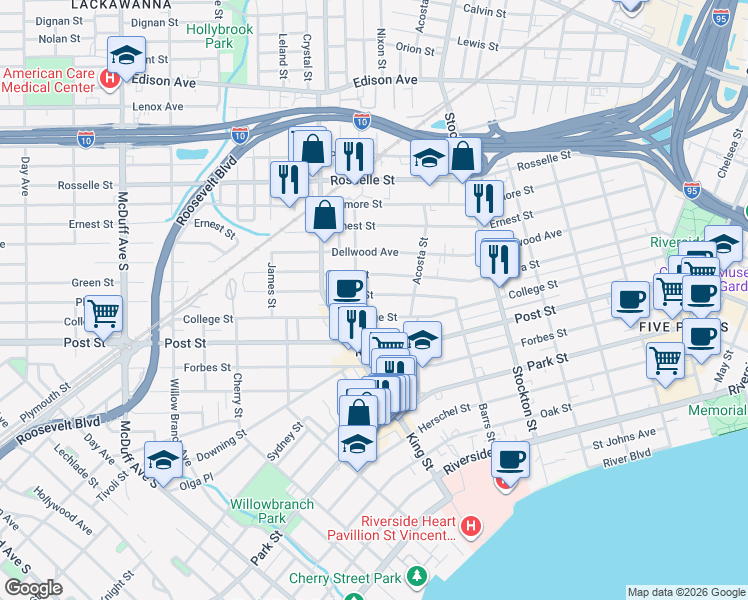 map of restaurants, bars, coffee shops, grocery stores, and more near 2644 Green Street in Jacksonville