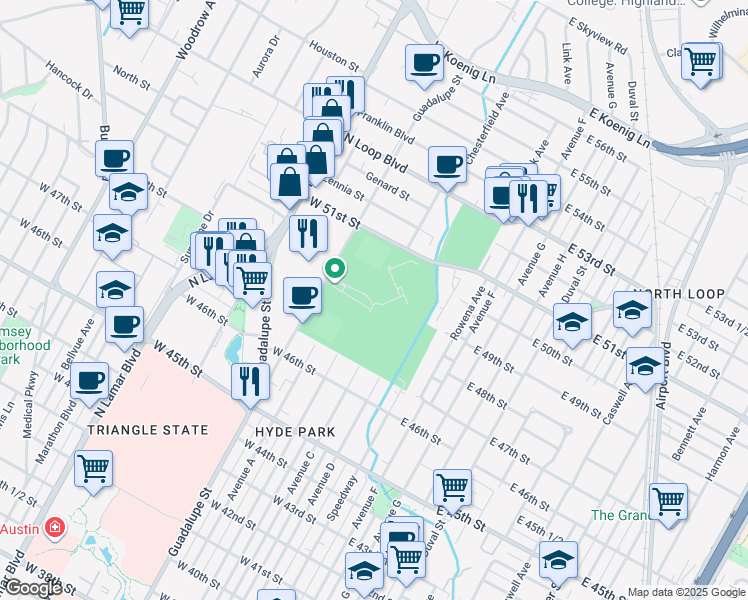 map of restaurants, bars, coffee shops, grocery stores, and more near 501 West 51st Street in Austin