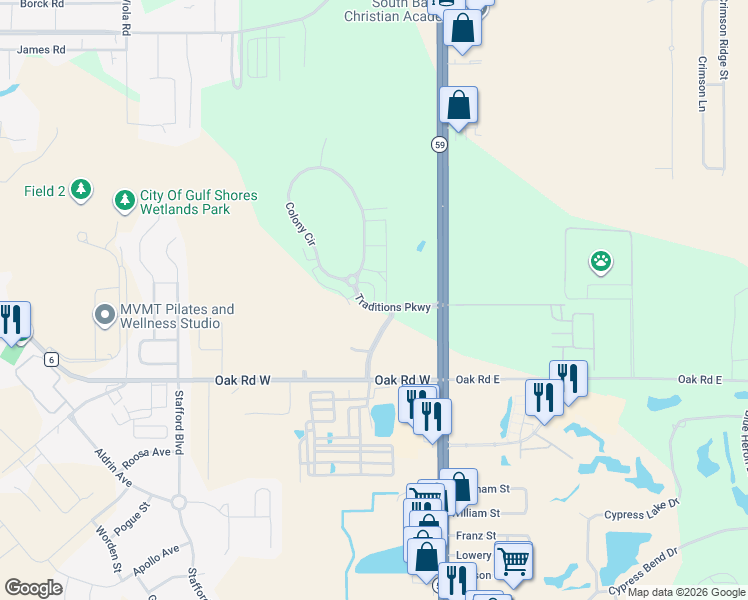 map of restaurants, bars, coffee shops, grocery stores, and more near Dunlop Boulevard in Gulf Shores