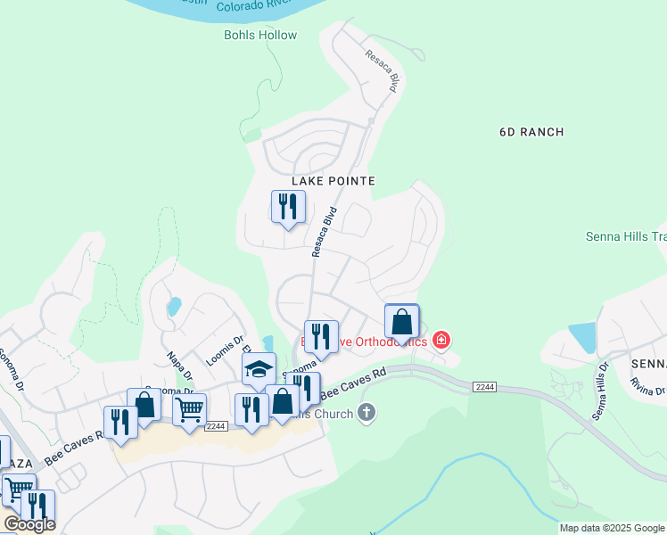 map of restaurants, bars, coffee shops, grocery stores, and more near 11808 Watercrest Court in Austin