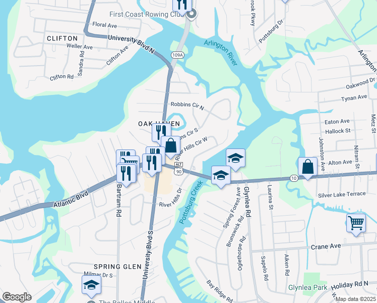map of restaurants, bars, coffee shops, grocery stores, and more near 1543 River Hills Circle West in Jacksonville
