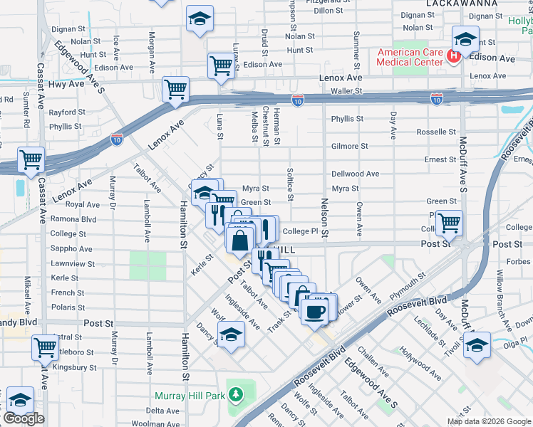 map of restaurants, bars, coffee shops, grocery stores, and more near 3634 Green Street in Jacksonville
