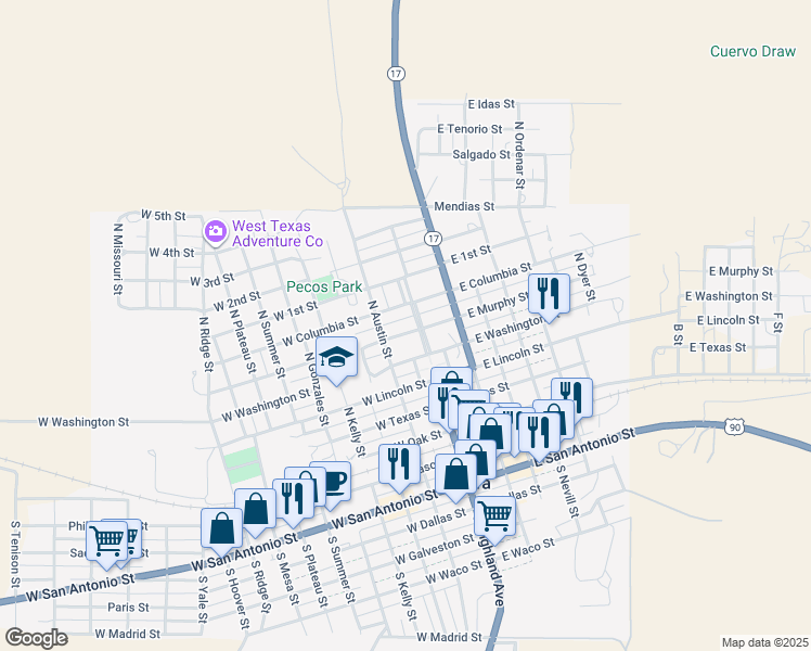 map of restaurants, bars, coffee shops, grocery stores, and more near 507 Highland Street in Marfa